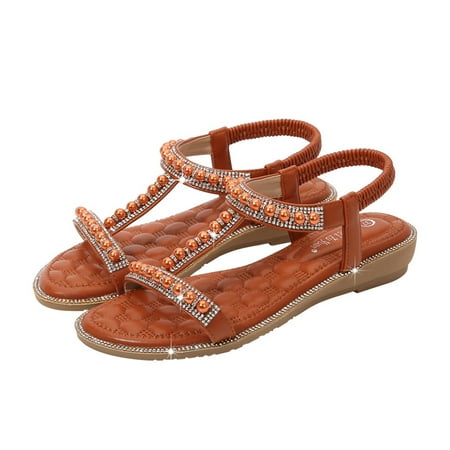 

Bosleng summer handmade rhinestone breathable antiskid women beading sandal leaky toe beach lace up flat base shoes