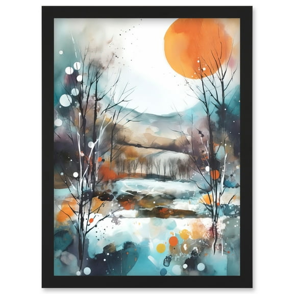 Abstract Winter Landscape Watercolour Painting Boho Countryside Sunrise Snow Artwork Framed Wall Art Print A4