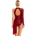 thumbnail image 3 of inhzoy Womens Sparkly Figure Ice Skating Dress One Shoulder Leotard Lyrical Dance Performance Dress Burgundy S, 3 of 8