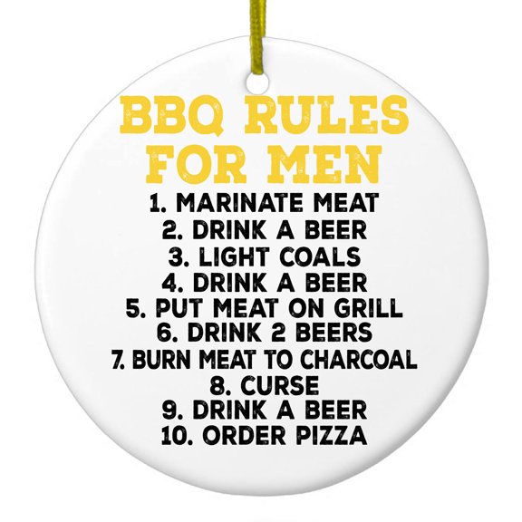 DistinctInk Hanging Ceramic Christmass Tree Ornament with Gold String - Great Gift / Present - 2 3/4 inch diameter - BBQ Rules for Men