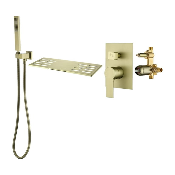 Cobbe Bathtub Shower Faucet Set Wall Mounted Single Handle Waterfall Bathtub Faucet and Handheld Showerhead with 59-Inch Hose Brushed Gold with Valve