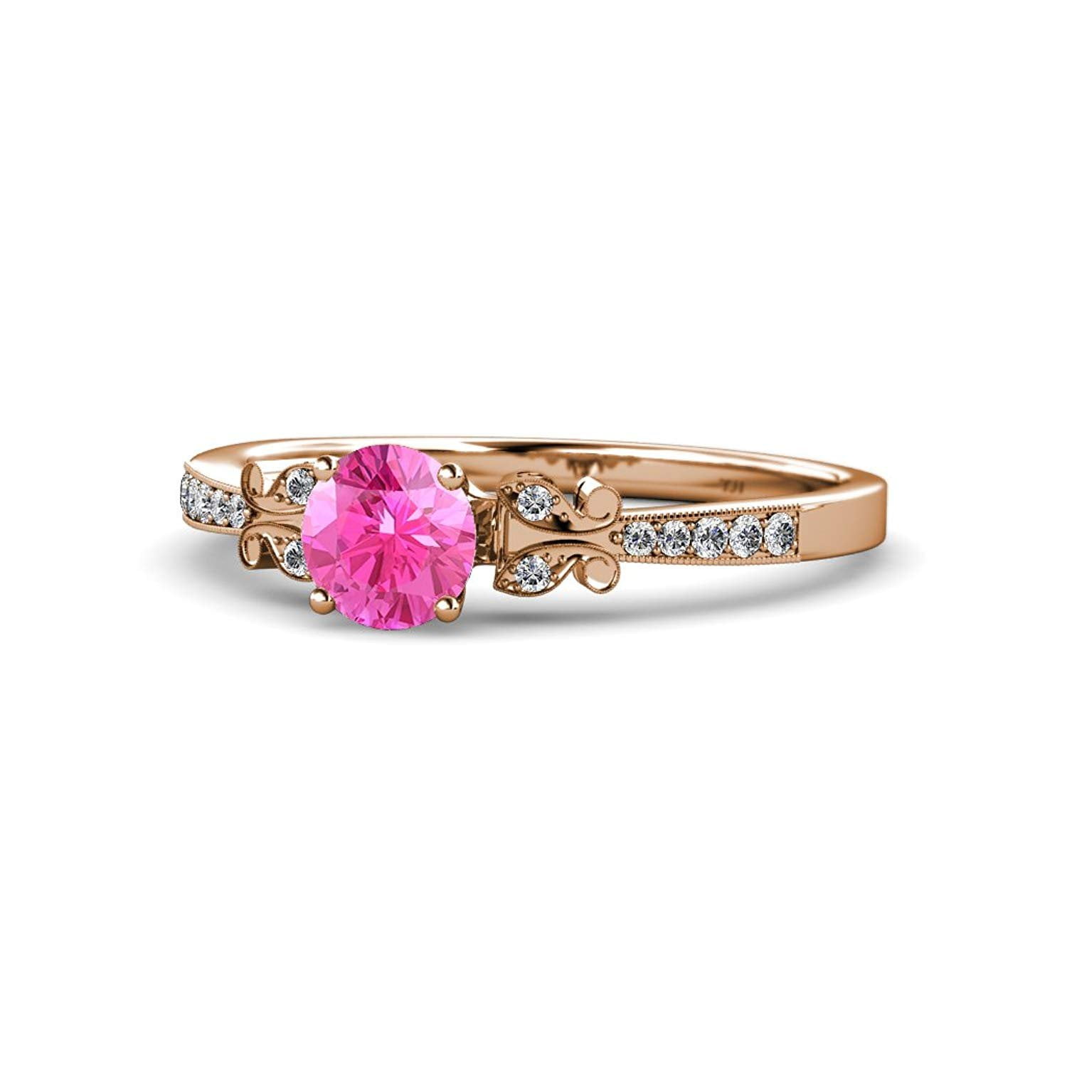 Pink Sapphire and Diamond Engagement Ring with Milgrain Work 1.12 cttw in 14K Rose Gold.size 7.5 by TriJewels