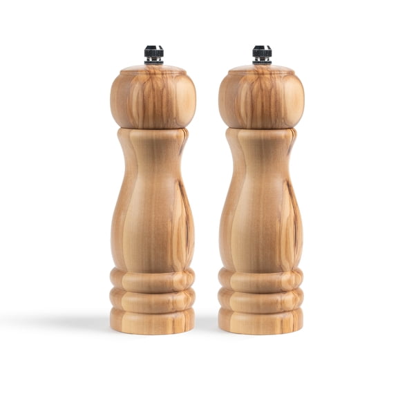 CatCora Salt Pepper Mill, Professional Italian Olivewood and Ceramic Mechanism For Grinding Peppercorns and Coarse Salt, Ergonomic Contoured Design, Set of 2