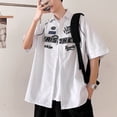thumbnail image 2 of Camisa con cuello de solapa para hombre, Camisa ajustada informal con hombros caídos y media manga con estampado de letras para verano, 2 of 8