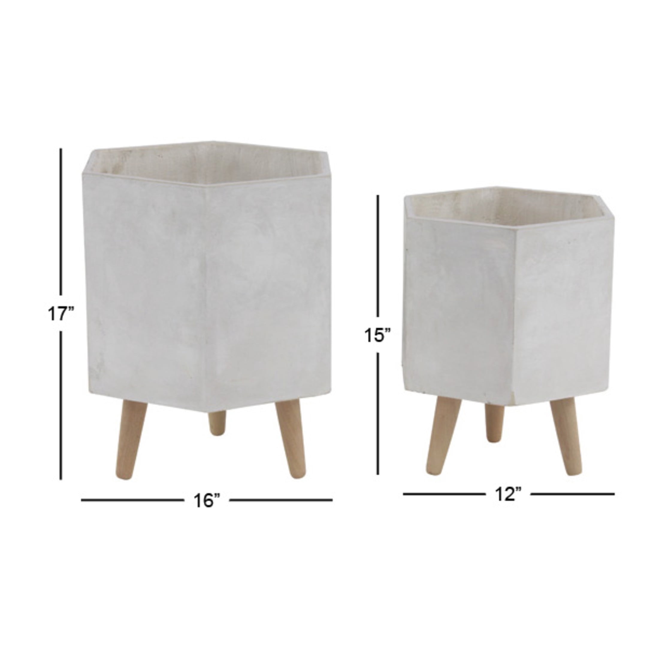 CosmoLiving by Cosmopolitan 15", 17"H Hexagon Light Gray Magnesium Oxide Geometric Planter with Brown Wooden Legs (2 Count)