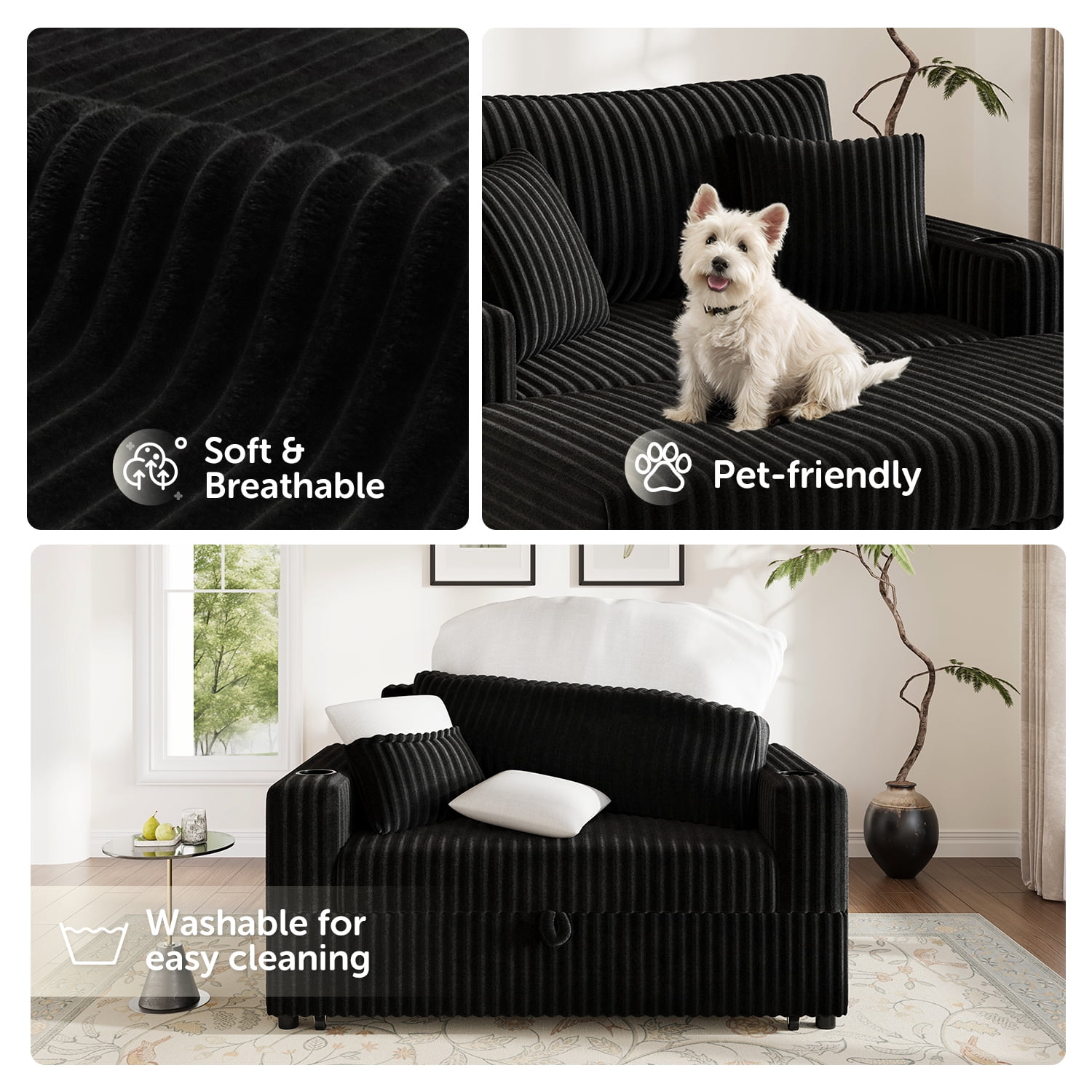 Marrber Black 52” 3-in-1 Convertible Pull-Out Sofa Bed Sleeper Loveseat with Reclining Backrest, Built-in Cup Holders, Pet-Friendly Corduroy Sofa for Small Space