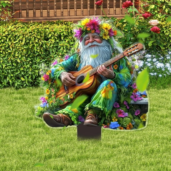 Nkmbld Patio Statues Dwarf Guitar Player Insertion 2D Flat Garden Stake Outdoor Courtyard Stake Scene Decoration Props