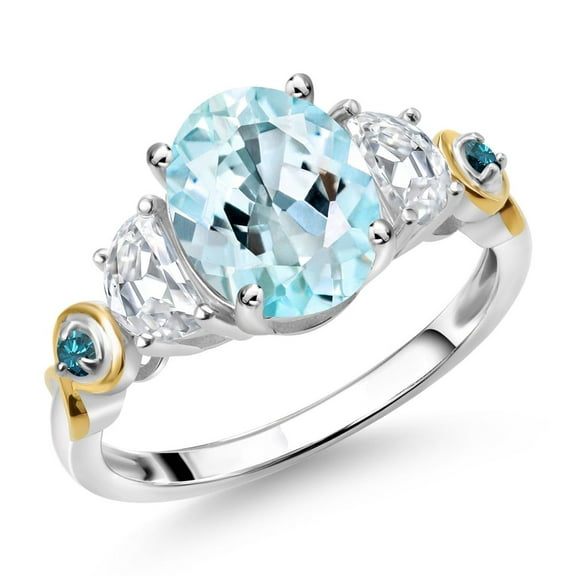 Gem Stone King 925 Silver and 10K Yellow Gold 3-Stone Ring Oval Sky Blue Topaz and Moissanite (2.51 Cttw, Size 9)