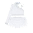 thumbnail image 4 of YiZYiF Kids Girls Sparkly 2 Piece Dancing Outfit Rhinestones Dance Crop Top and Feather Briefs Skirt White 8, 4 of 6