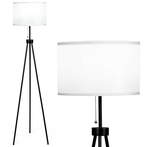 Gymax Modern Metal Tripod Floor Lamp White Fabric Shade w/ Chain Switch Home & Office