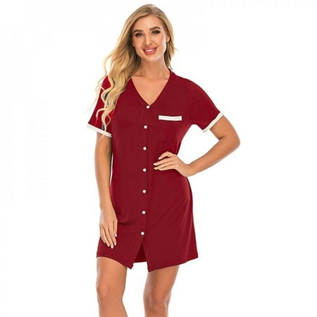 

Newway Women Nightdress Summer Thin Section Short Sleeve Cotton Single-breasted Button Dress with Pocket Women Dress