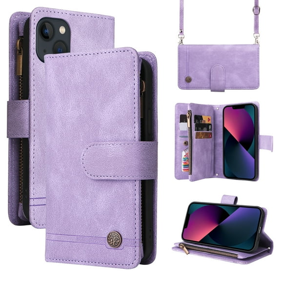 SaniMore Case for iPhone 14 Plus 6.7" 2022, PU Leather Zipper Wallet Cover with [RFID Blocking] Card Slot Magnetic Clsap Flip Folio with Wrist/Crossbody Strap Kickstand Full Protective Cover, Purple