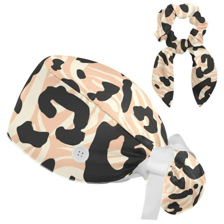 

Working Cap with Buttons and Sweatband Scrub Hat Bouffant Caps with Scrunchie Leopard Print Tie Back Hats