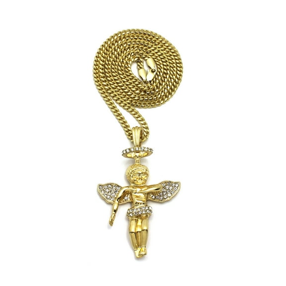 Stone Stud Floating Halo Angel Pendant w/ 3mm 24" Cuban Chain Necklace, Gold-Tone