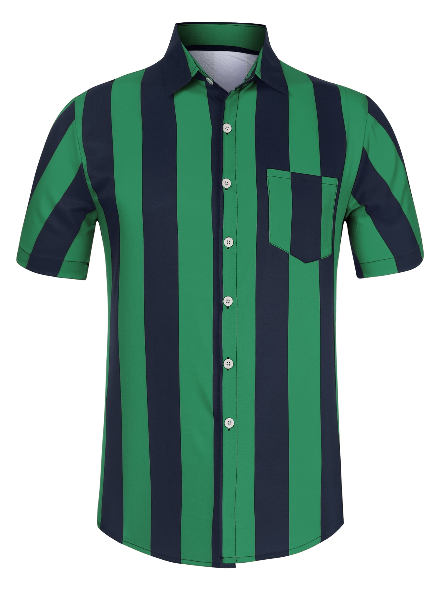 Unique Bargains Men's Striped Short Sleeves Button Down Print Shirt S Dark Green