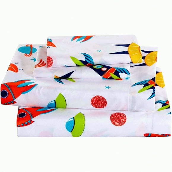 Stellar Dreams Sheet Set - Solar System Galaxy Stars Rocket Spaceship Navy Blue Orange White Red New Queen Bedding Collection