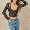 thumbnail image 5 of Women Floral Lace 2Pcs Outfit Sheer Mesh Low Cut Crop Top Short/Long Sleeve See Through T Shirts +Bra Set Going Out Tees Tops, 5 of 7