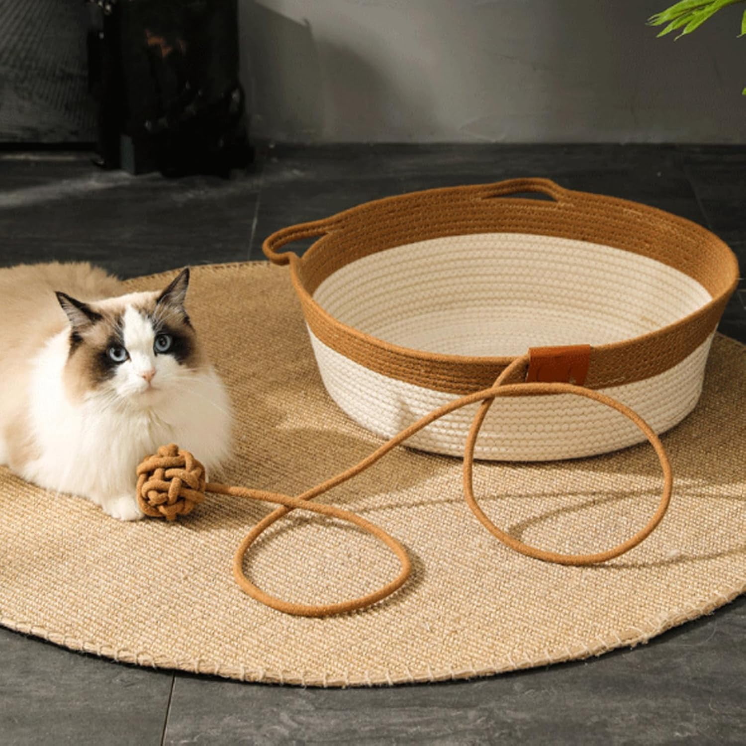 Handwoven Cat Basket Bed with Handles and Toy Ball, Cotton Rope Foldable Sleeping Basket for Indoor Cats, Scratchable Interactive Pet Nest for Cats All-Season, Breathable Weave (Small,Brown)