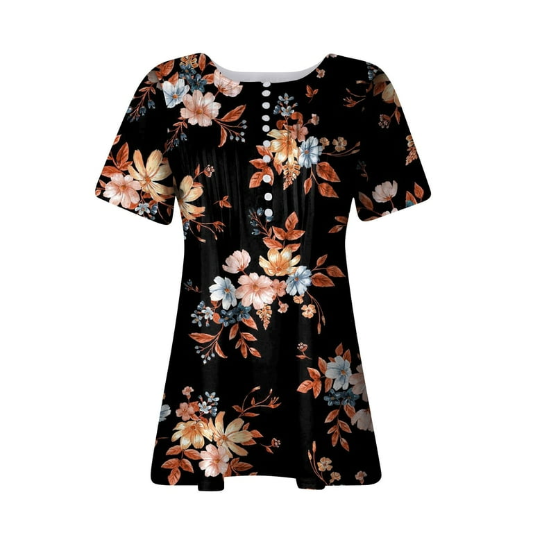 TQWQT Womens Tops Hide Belly Tunic Hide Belly Shirts Floral Print V Neck  Short Sleeve T-Shirts 2023 Summer Dressy Plus Size Blouse 