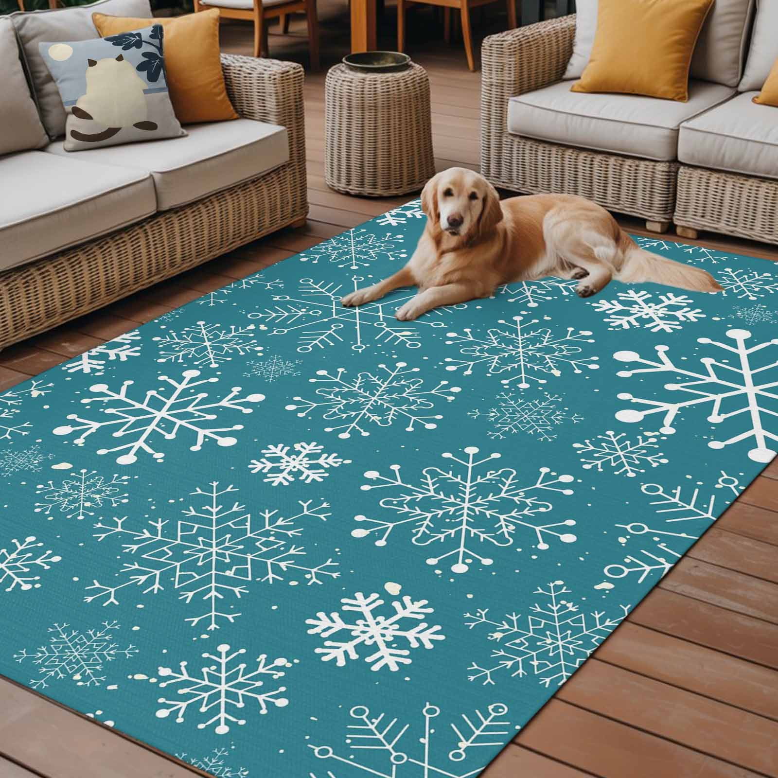 Fsddascl Teal Snowflake Christmas Outdoor Rug for Patio/Deck/Porch, Non-Slip Large Area Rug 5 x 8 Ft, Xmas Snowflake Indoor Outdoor Rugs Washable Area Rugs, Reversible Camping Rug Carpet Runner