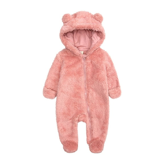 NOKIO Baby Girl Velvet Romper Pants Children's Jumpsuit Autumn And Winter Solid Color Thick Cute Cartoon Long Zipper Plush Climbing Suit Party Birthday Outing