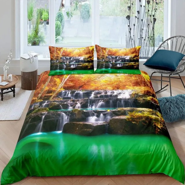 Waterfall Duvet Cover Set Natural Scenery Quilt Cover Pillowcase Landscape Forest Waterfall Queen Size Polyester Bedding Set