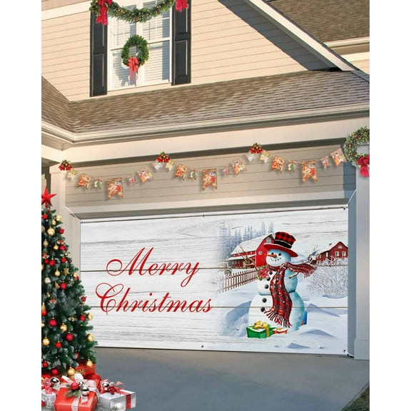 Garage Door Banner Cover 7 x 16 ft, Christmas Snowman in Farmhouse Christmas Garage Door Decorations Holiday Christmas Backdrop Decor for Winter New Year Xmas Party