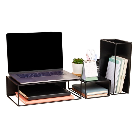 Mind Reader 3 Piece Metal Desktop Riser Set for Monitor, Laptop, and Office Organization, Set of 3, Black