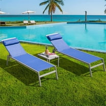 CoSoTower Patio Chaise Lounge Set, 3 Pieces Adjustable Aluminum Backrest Pool Lounge Chairs Textilene Sunbathing Recliner with Headrest (Blue, 2 Lounge Chairs 1 Table)