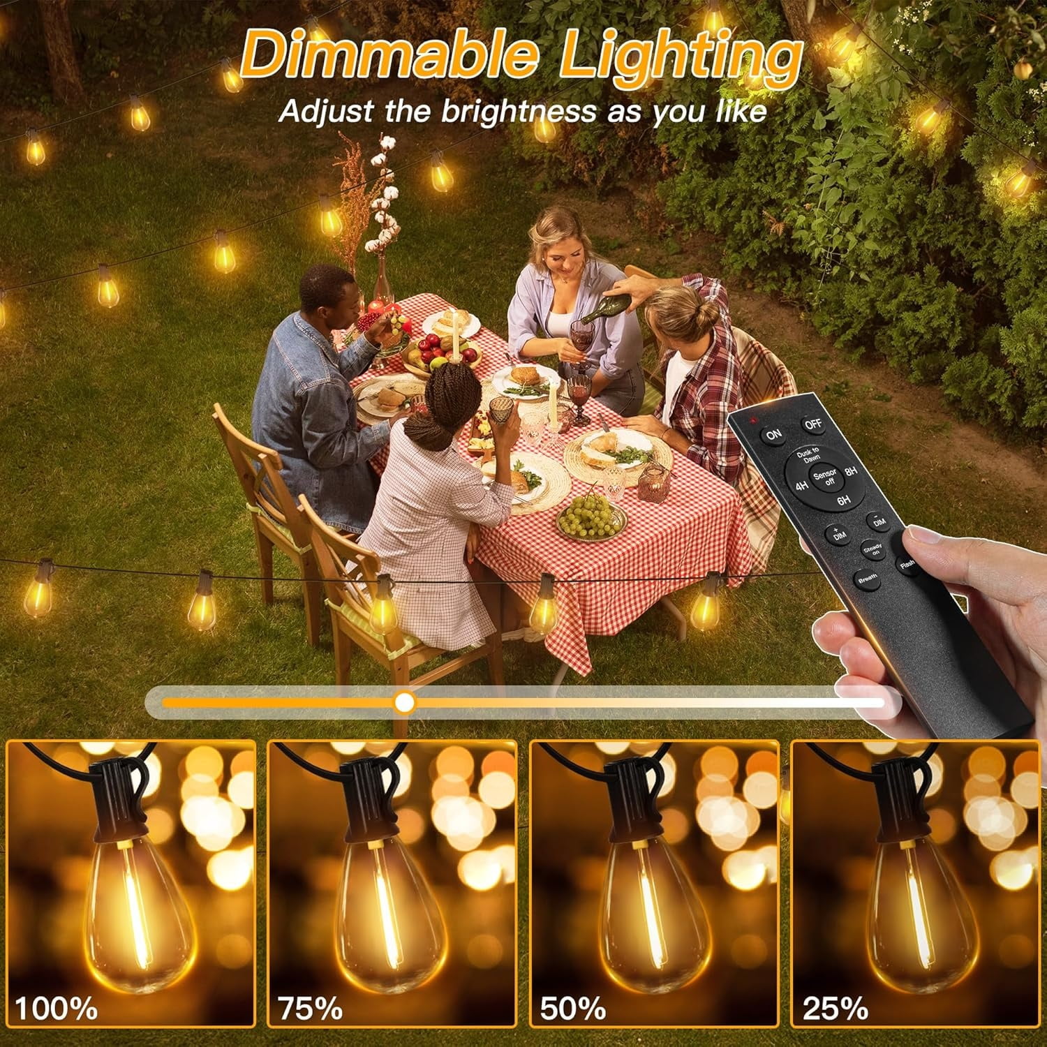 100FT Outdoor String Lights with Remote, Plug in Waterproof Connectable 3 Modes Dimmable Timers Patio Lights with 48+2 LED Spare Bulbs, Dusk to Down Outdoor Light for Outside Bistro Yard