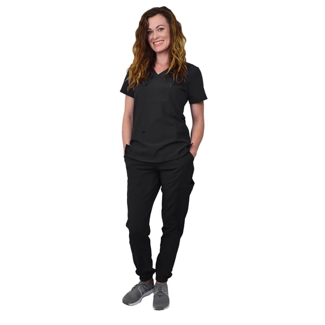 GT Performance Ensemble de Sarrau Jogger à Encolure en V pour Femmes 4FLEX, Résistant aux Plis, Bleu Marine