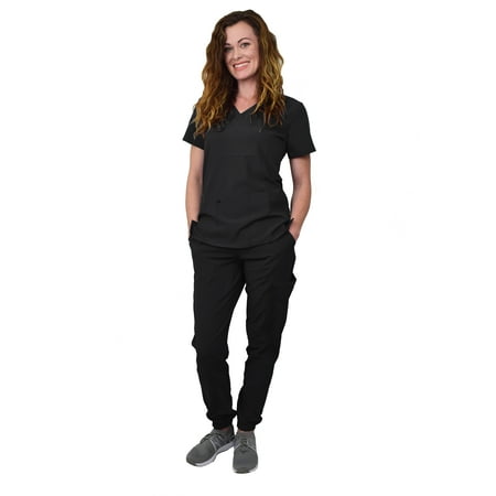 

Women s Jogger Scrub Set Medical Nursing GT 4FLEX Top and Pant Solid Colors and Prints-Black-X-Large Petite