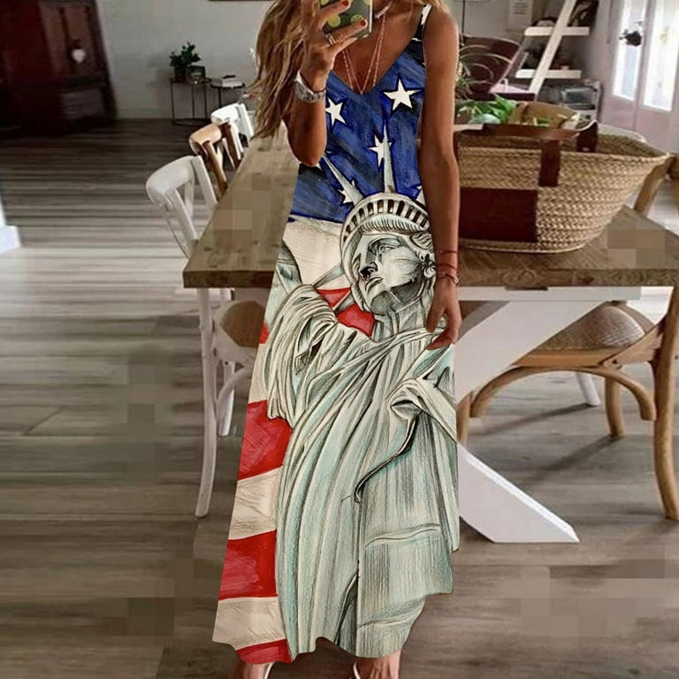 American Flag Maxi Dress for Women 4th of July Patriotic Long Tank Dress Casual Loose Pocket Dresses Walmart