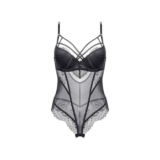 Gueuusu Women Lingerie Bodysuit Sheer Mesh Lace Corset Bustier Romper