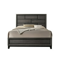 Mazie Queen Bed Brick Style Headboard Black Tapered Legs Oak Gray Wood - Saltoro Sherpi