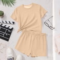 thumbnail image 7 of Girls' 2 Piece Summer Outfits Kids Crew Neck Short Sleeve Shirt and Drawstring Pockets Shorts Set Loose Casual Sets Beige 5-6 Years, 7 of 7
