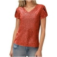 thumbnail image 2 of Jjayotai Sequin Tops for Women, Short Sleeve Party Shirts, Shimmer Summer Wedding V Neck Blouse, Glitter Dressy Blouses, Womens Summer Clothes Red^ XL, 2 of 9