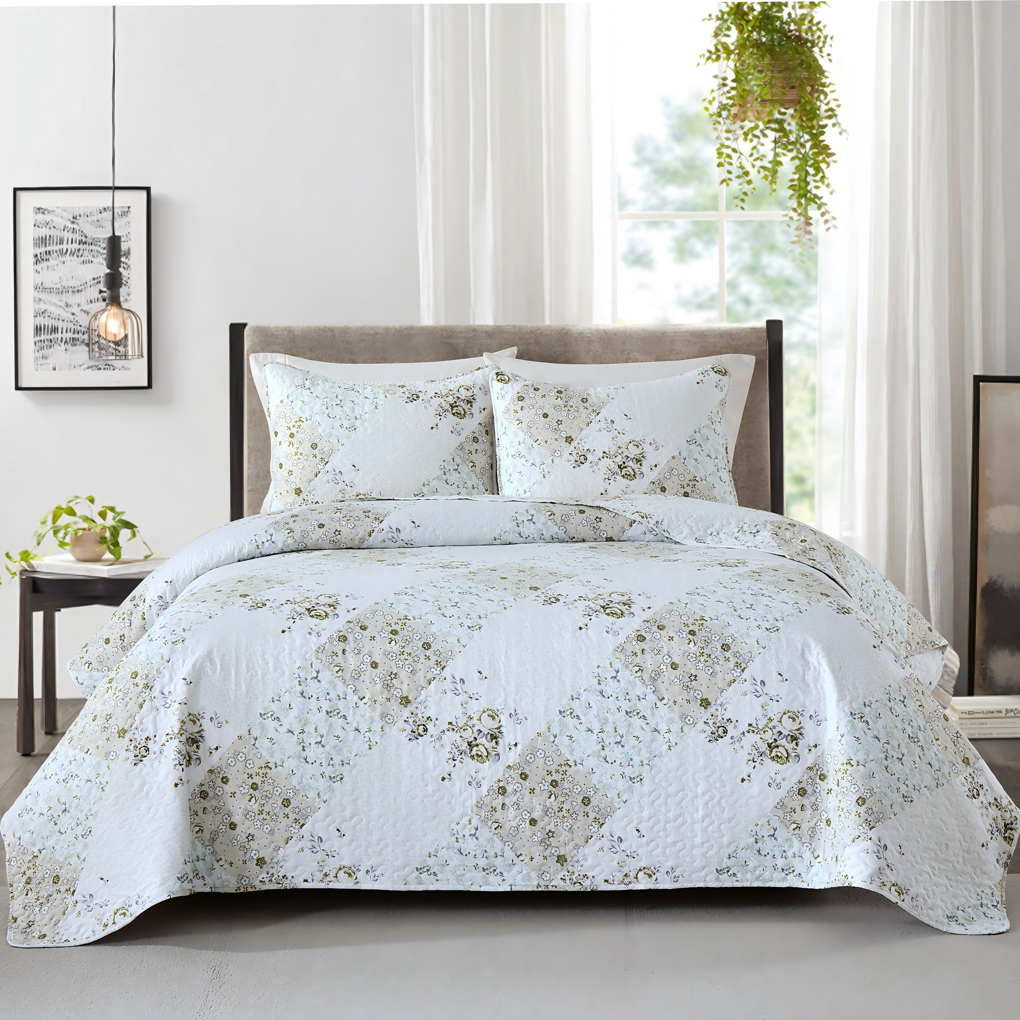 3-Piece King Size Quilt Set, Greagle Lightweight Patchwork King Spring Summer Quilt Bedspreads Full Size Bedding Set with Pillow Shams, 104x90 inch Beige Floral Plaid Print