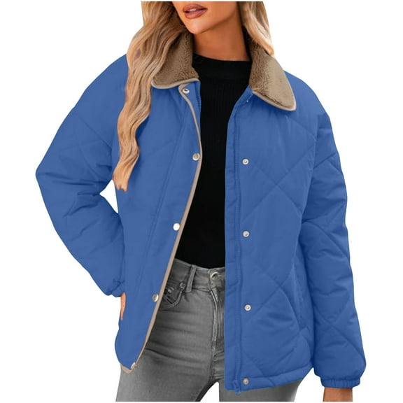Quilted Jacket for Women Short Puffer Jacket Warm Padded Outerwear Coats with Fleece Collar Blue 2XL