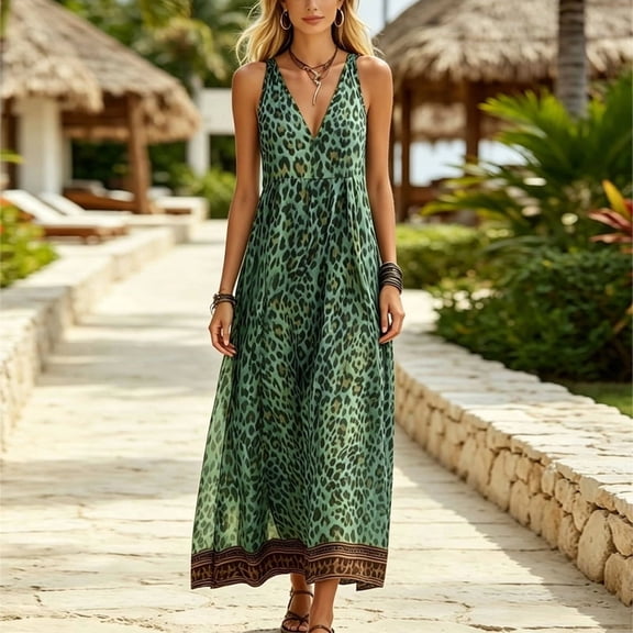 Morttic Women's Leopard Print Sleeveless V-Neck Maxi Dress – Boho Flowy Beach Long Dress, Summer Resort & Vacation Wear Green,S