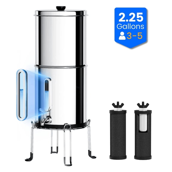 Purewell 2.25G Gravity Water Filter System with Water Level Window, 3-Stage 0.01μm Ultra-Filtration Stainless Steel Countertop System