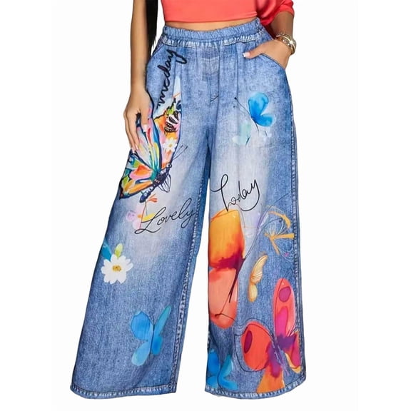 Women'S Summer High Waist Floral Print Loosse Wide Leg Pants with Pockets Royal Blue L