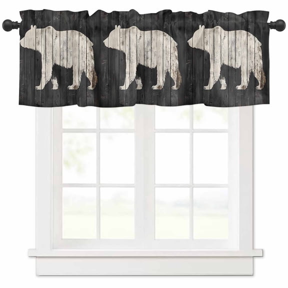 Black White Bear Valances for Windows Farmhouse Kitchen Curtains Valances Rod Pocket Valance Curtains for Kitchen Windows Farmhouse Country Rustic Wood Grain Window Valances for Bathroom 42"x18"