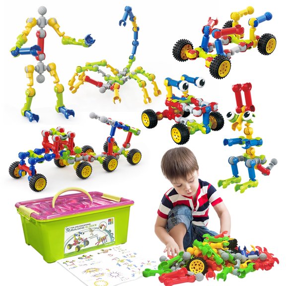 Huaker Juguetes De Construcción De Tallos para Niños De 3 4 5 6 7 8 Años Niños Niñas Niños 180 Piezas Bloques De Construcción Juguetes Educativos De Aprendizaje con Caja De Almacenamiento Grande Ideal