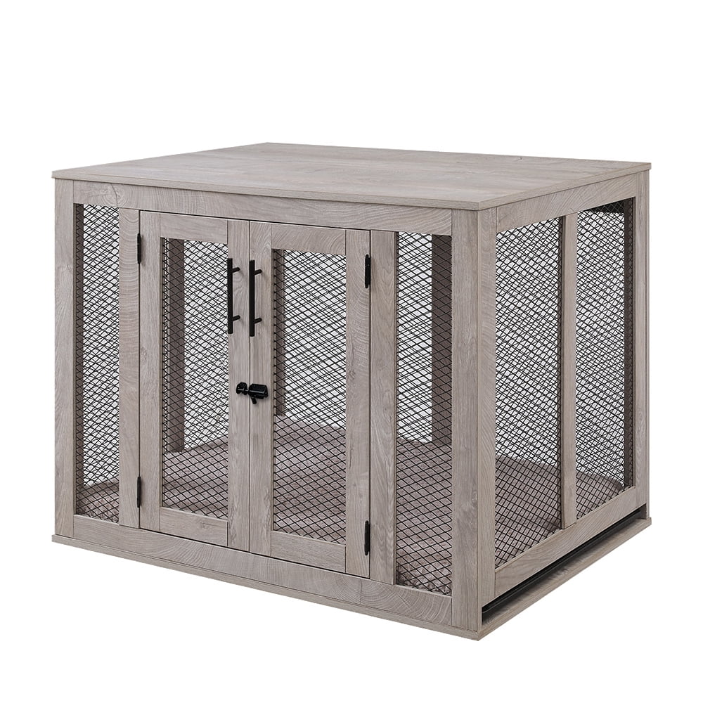 Unipaws Large Dog Crate with Cushion and Tray, Wooden and Metal Net Dog Kennels