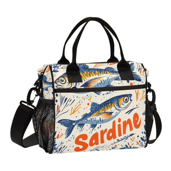 FORMRS Insulated Lunch Bag Unisex Large Capacity with Shoulder Strap, Blue Sardines Pattern