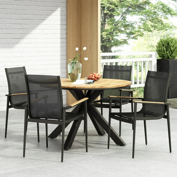Homan Mesh and Acacia Wood Outdoor 5 Piece Dining Set, Black and Teak
