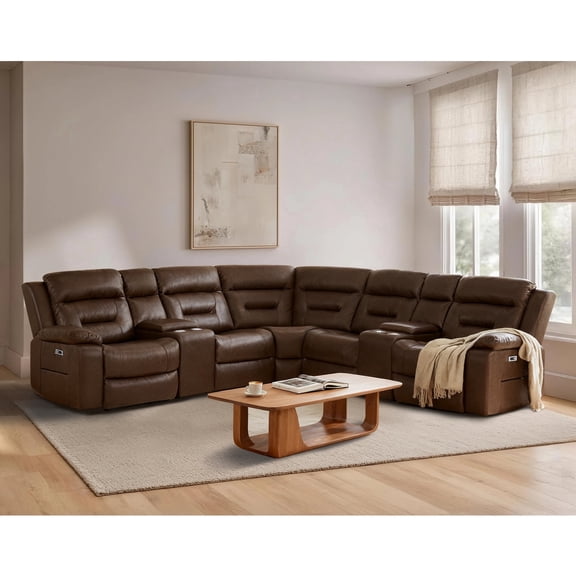 Ellesophas 109" Power Reclining Sectional Sofa, Dark Brown Faux Leather Modular Couch with 2 Storage Consoles & 4 Cup Holders, Living Room Furniture Set