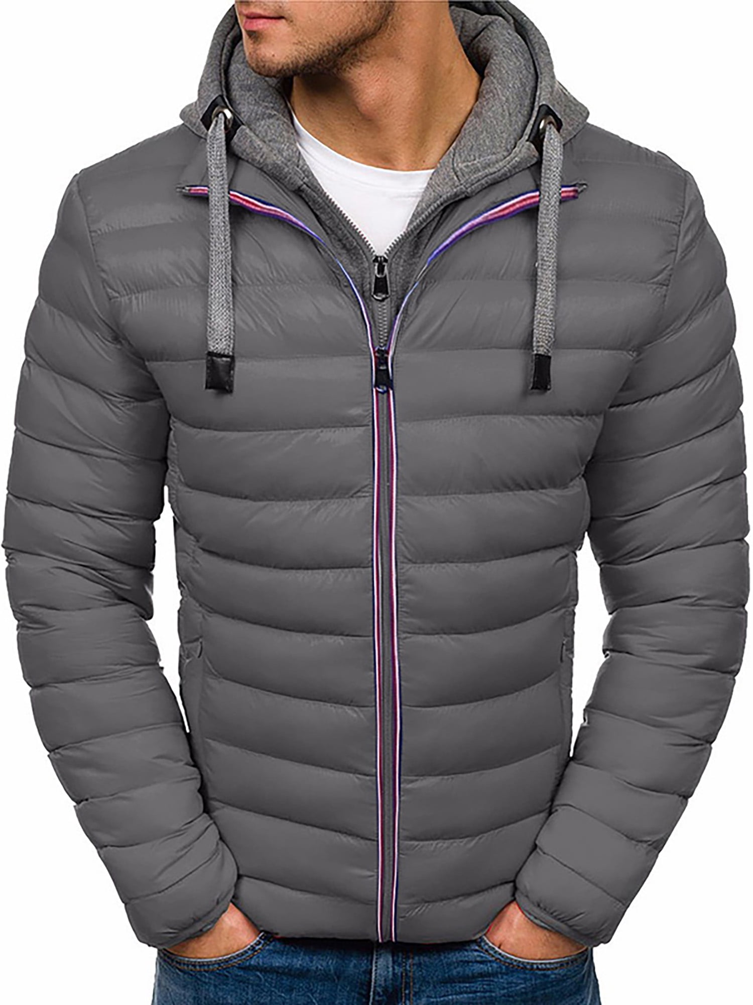 Generic Mens Casual Hood Winter Front-Zip Quilted Slim Fit Thick Down Jacket Coat