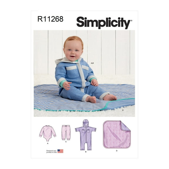 Simplicity Sewing Pattern R11268 (9459) - Babies' Bodysuit, Jumpsuit, Pants and Blanket, Size: A (XXS-XS-S-M-L)